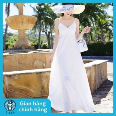 Váy maxi đi biển cổ V hở lưng màu trắng